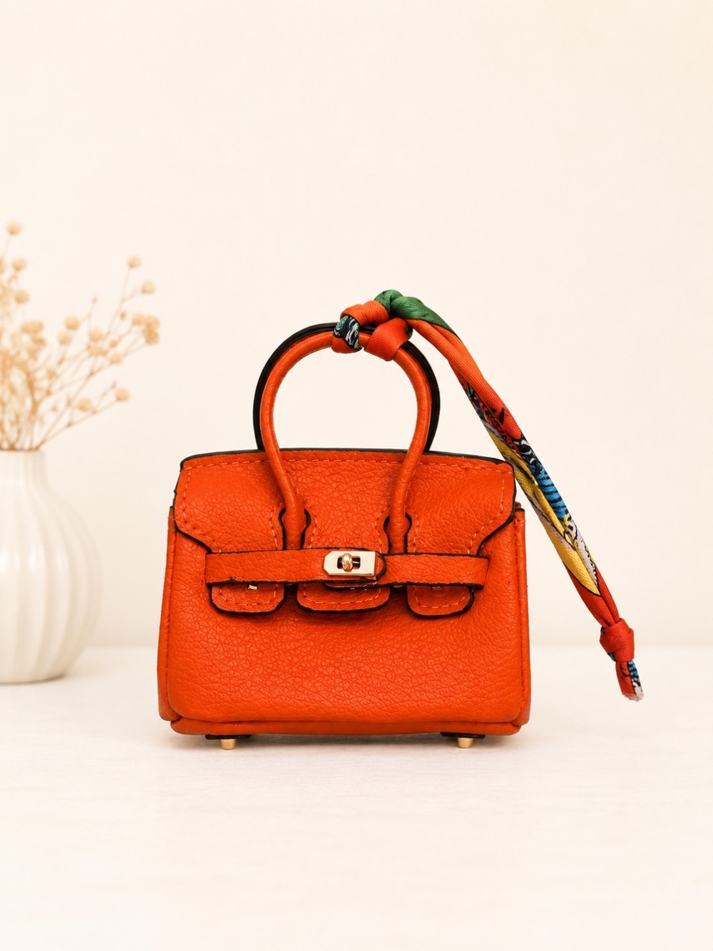 Luxury Orange Leather Mini Top-Handle Bag Charm Brand New